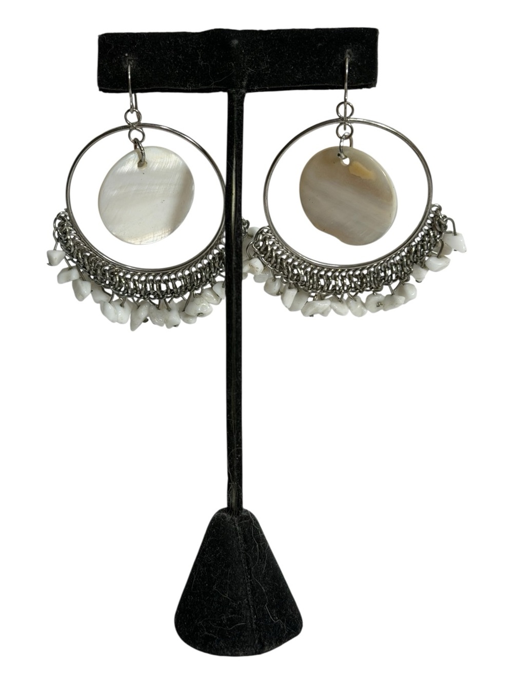 Boho Chic Mother of Pearl Shell Beaded Hoop Fringe Earrings Beach Resort